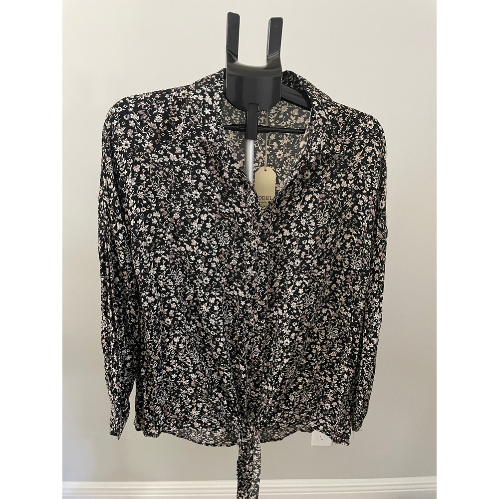 Jodifl Womens Floral Tunic Blouse Tie Front Button Down Oversized Black Size M